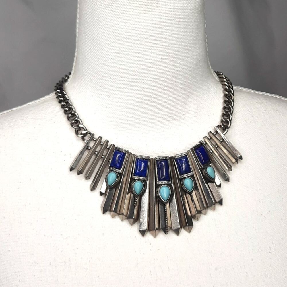 Statement Silver-Tone Necklace with Blue and Turquoise Accents